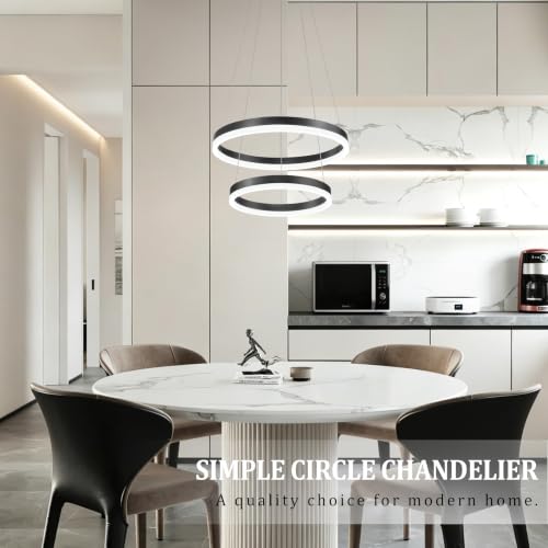 Modern Black Led Chandelier 2 Rings Dimmable LED Chandeliers with Remote Control Light Fixture for Kitchen Island Height Adjustable Chandelier Led Pendant Light for Living Room Dining Room