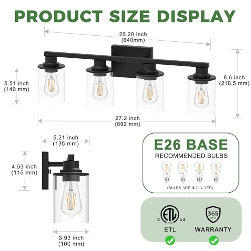 4 Light Black Bathroom Vanity Light Fixture with 4 Bulbs