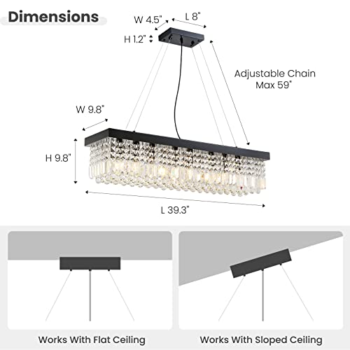 Rectangle K9 Crystal Chandelier Modern Rectangular Pendant Lighting Fixture for Dining Room Kitchen Island Bedroom Black L40 x W10 x H10