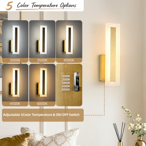 Hardwired Wall Sconces Set of 2 Dimmable Modern Gold LED Wall Light