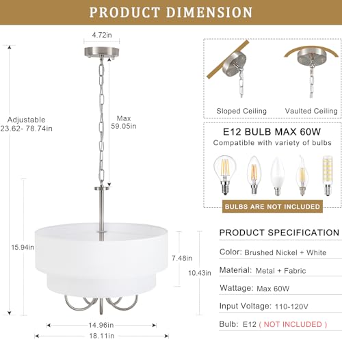 Modern Drum Chandeliers for Dining Room Light Fixture 5 Light Brushed Nickel Chandelier with Shades Contemporary Farmhouse Hanging Large Pendant Lighting for Kitchen Island Living Room Entryway Foyer