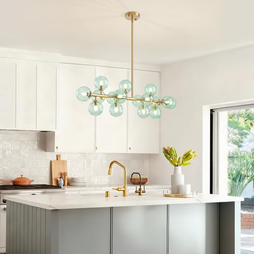 Mid Century Modern Gold Chandelier with Green Glass Rectangle Pendant Fixtures Linear Sputnik Chandeliers for Kitchen Island Dining Room Over Table
