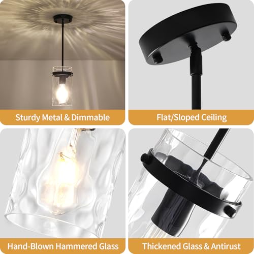 2 Pack Black Pendant Lights Kitchen Island Modern Hammered Glass (2 Count)