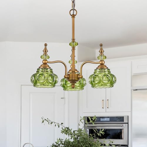 3 Light Green Pendant Lighting Fixtures Vintage Brass Pendant Light for Bedroom Kitchen Island Dining Room Living Room