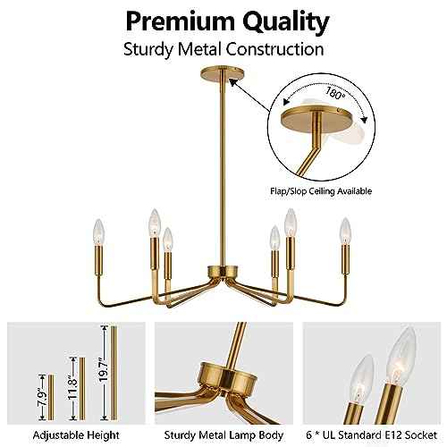 Brushed Gold Chandeliers for Dining Room, 6-Light Modern Farmhouse Chandelier, Brass Candle Style Hanging Light Fixture for Living Room Bedroom Kitchen Island