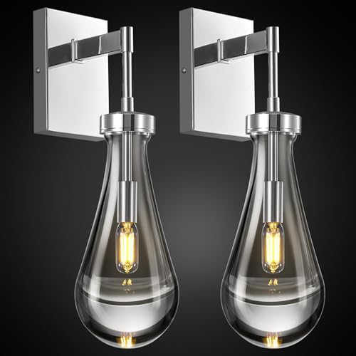 Raindrop Wall Sconces Set of Two Chrome Sconces Wall Decor Modern Wall Lighting Glass Bathroom Sconces Indoor Vanity Light Wall Lamp for Bedroom Living Room Stair (2 Count)