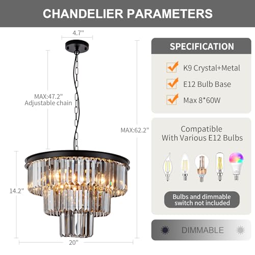 8 Light Black Crystal Chandelier 20'' Luxury Smoke Modern Dining Room Light Fixture 3