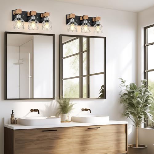 3 Light Wood Bathroom Light Fixtures Over Mirror