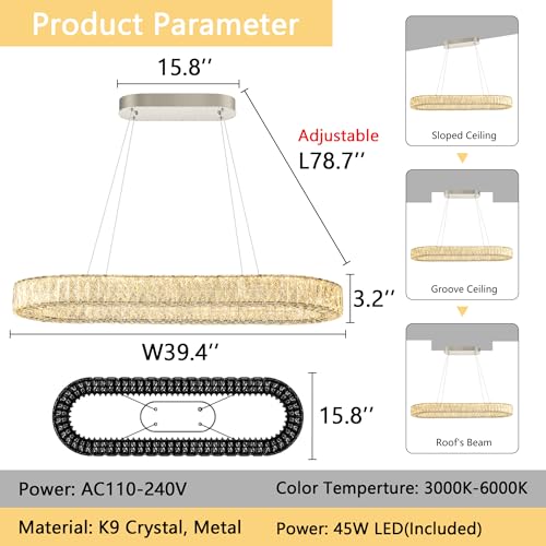 L40 x W16 Modern Oval Crystal Chandelier Glam Dimmable LED Crystal Ceiling Chandeliers for Dining Room Kitchen Island Chrome