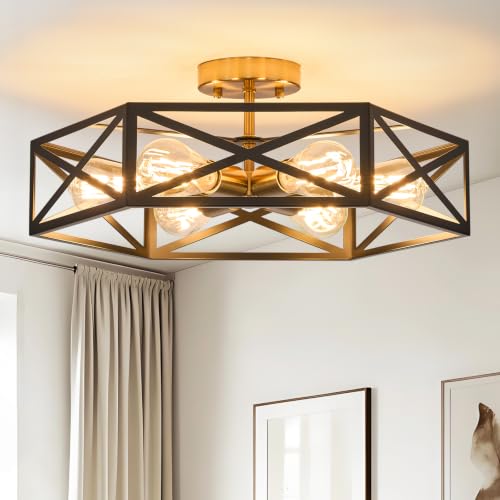 Farmhouse Black and Gold Semi Flush Mount Ceiling Light 19.7 Inch (Black and Gold / 19.7 Inch)