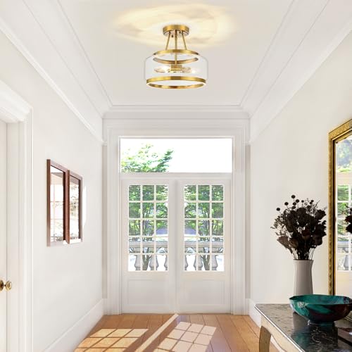 Gold Semi Flush Mount Ceiling Light Modern Glass Drum Ceiling Light Fixture