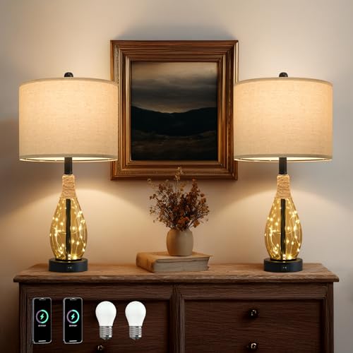 23" Table Lamps for Living Room Set of 2 Bedside Lamps for Night Stands Bedroom Lamps Farmhouse Rattan Boho Lamp Glass Nightlight End Table Lamp