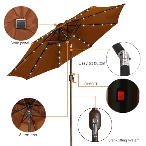 9 ft Solar Umbrella 32 LED Lighted Patio Umbrella Table Market Umbrella with Tilt and Crank Outdoor Umbrella for Garden