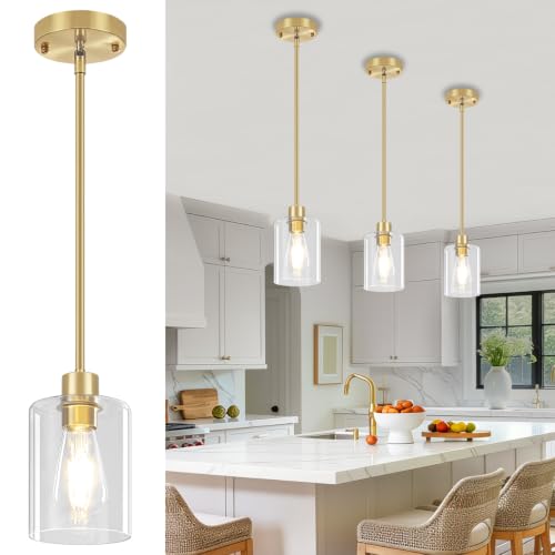 3 Pack Brushed Gold Pendant Lights Kitchen Island Glass Hanging Lighting