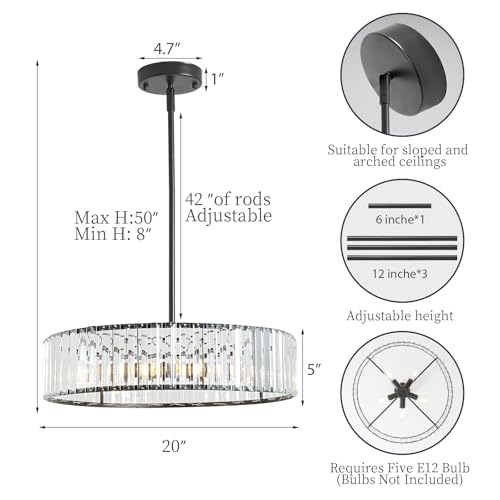 Adjustable Height Modern Black Crystal Chandelier 20 Inch (Black / 20 in)
