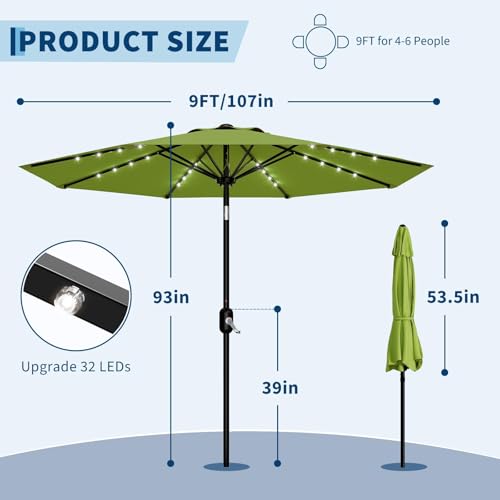 9FT Solar LED Patio Umbrella with Tilt & Crank