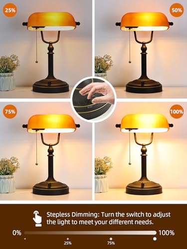 Matted Amber Stepless Dimmable Glass Bankers Desk Lamp