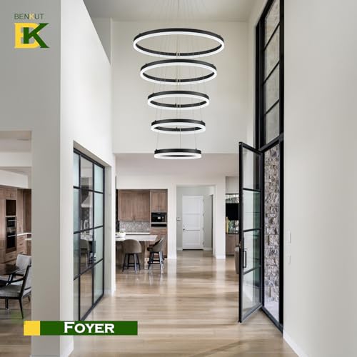5 Rings Modern LED Chandelier Black High Ceiling Chandelier with Remote Control Dimmable Pendant Lighting for Dining Room Foyer Living Room Entryway Staircase