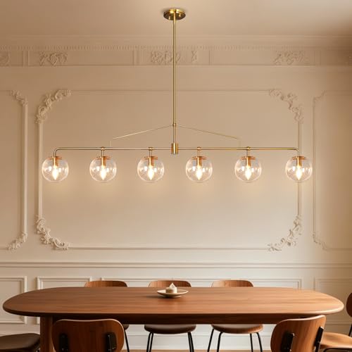 Gold Linear Chandelier 6 Lights Seeded Glass Globe Pendant Light