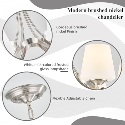 6 Light Brushed Nickel Chandeliers for Dining Room with Frosted Glass 47.2" Adjustable Silver Pendant Ceiling Lighting Rustic Vintage Hanging Lamp for Farmhouse Kitchen Island Dining Table Living Room