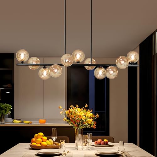 Linear Chandeliers for Dining Room 51" Island Lights for Kitchen Modern Sputnik Chandelier with Amber Swirled Glass 11 Light Dining Room Chandelier Large Linear Chandeliers for Kitchen Island (11 Count)