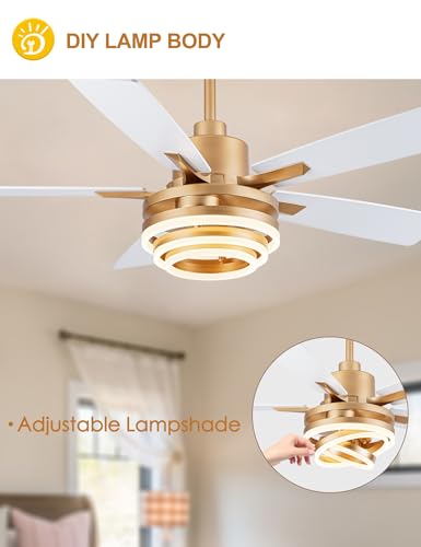 52" White and Gold Ceiling Fans with Lights Modern Chandelier Fan