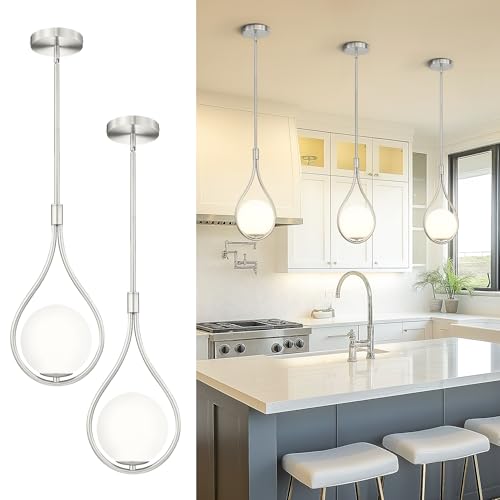 2 Pack 8 Inch Glass Brushed Nickel Pendant Lights Kitchen Island (2 Count)