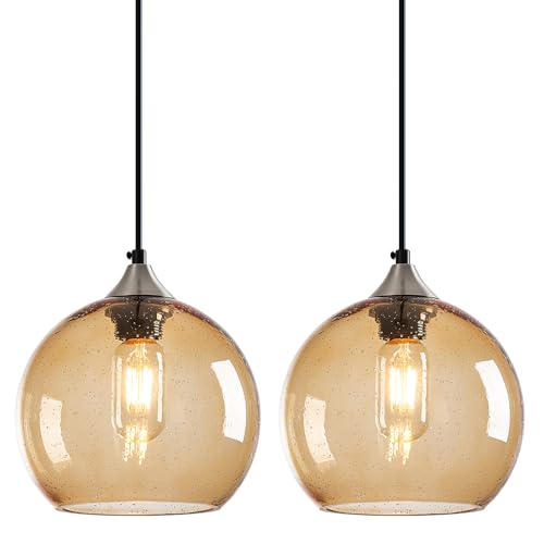 Light Brown Glass Pendant Lights Kitchen Island Lighting Globe Pendant Light Fixtures Modern Pendant Lighting for Bedroom Living Dining Room Light Fixture (2 Count)