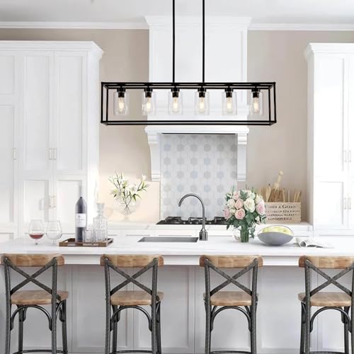 6 Light Dining Room Light Fixture Black Farmhouse Chandelier Kitchen Island Pendant Lighting Rectangle Modern Industrial Living Room Hanging Lights Adjustable Height