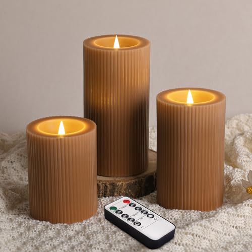Brown Ribbed Moving Flame Flameless Pillar Candles with Remote (Warm Brown)