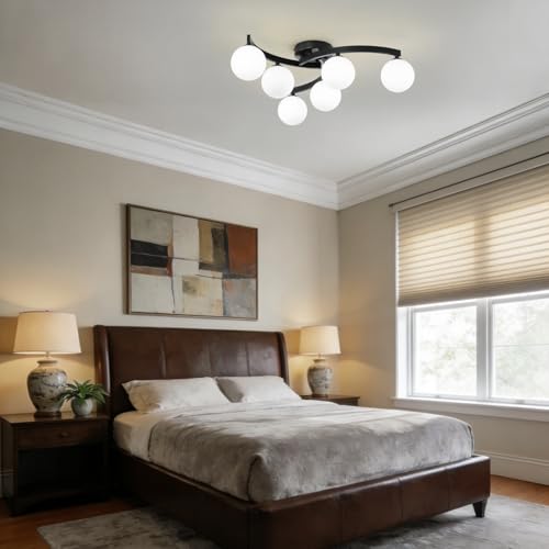 Modern Mid Century Black Glass Globe Semi Flush Mount Ceiling Light Fixture