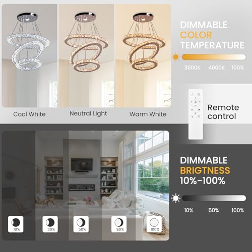 3 Ring Dimmable Crystal Chandelier Ceiling Light