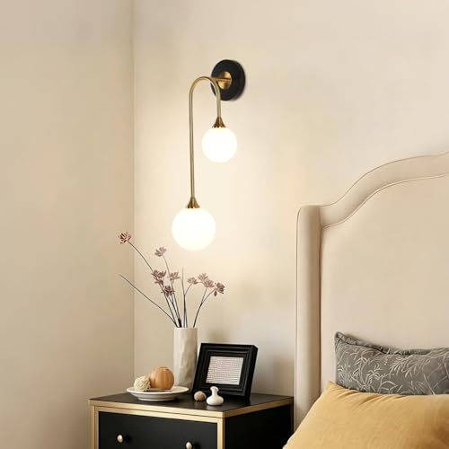 Mid Century Modern Wall Sconce Black and Gold Milk Glass Sconces with Double Ball Hardwired Wall Light for Bedside Bedroom Bathroom Living Room Corridor G9 Base