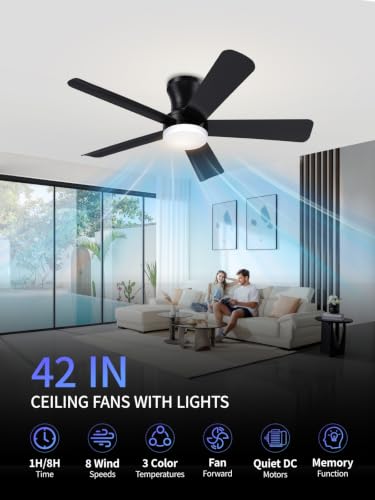 42 Inch Black Low Profile Ceiling Fan with Light and Remote (Black / 42 Inch)