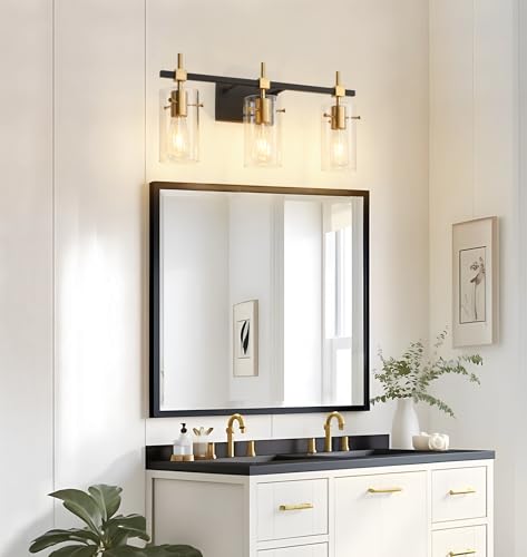 Vintage Vanity Lights Bathroom Light Fixture Over Mirror for Bath Glass Shade Light Black and Brass Modern Style 3 Lights