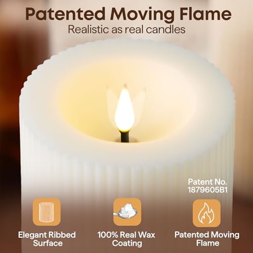 White Ribbed Moving Flame Flameless Pillar Candles with Remote (White)