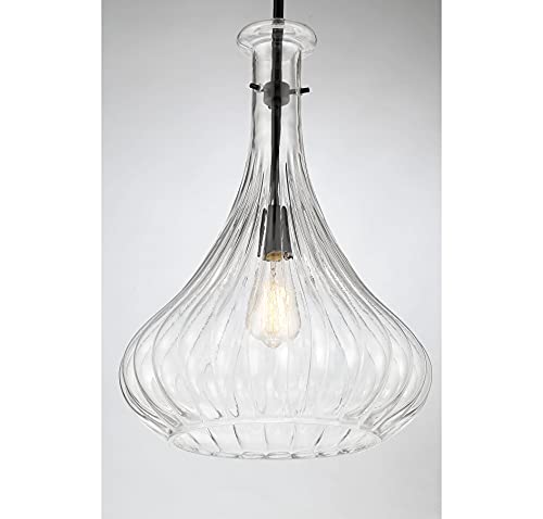 7-2265-1-89 Bristo Industrial Clear Fluted Glass Pendant, 1-Light 60 Watt, 20" H x 14" W, Matte Black