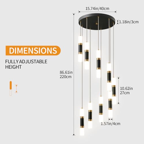 9 Light Chandelier LED 54W Dimmable Chandeliers for Entryway Pendant Light Fixture Chandeliers for Staircase Lobby Black Gold Lighting Modern High Ceiling Chandelier