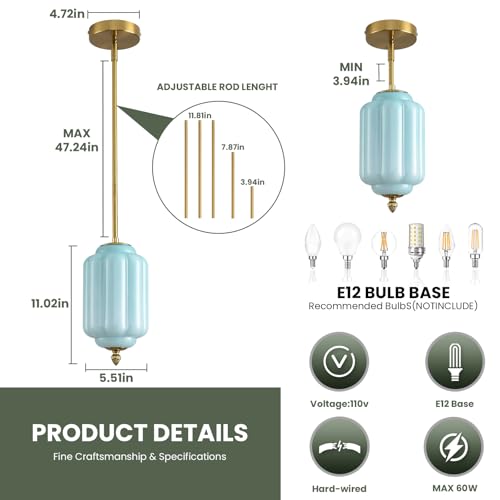 Vintage Blue Glass Pendant Lights 1 Pack 5.5 Inch Mid Century Brass Hanging Ceiling Light