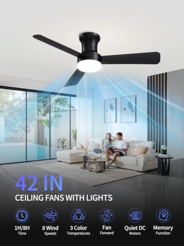 42 Inch Black Low Profile Ceiling Fan with Light and Remote (Black-3 / 42 Inch)