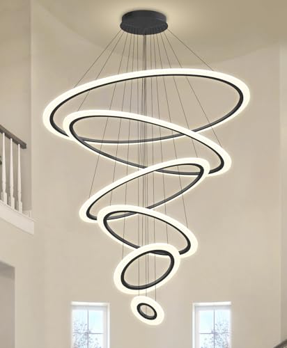 Modern LED Dimmable Chandelier 6 Ring High Ceiling Large Chandelier for Living Room Hanging Light Fixture for Foyer Staircase Black
