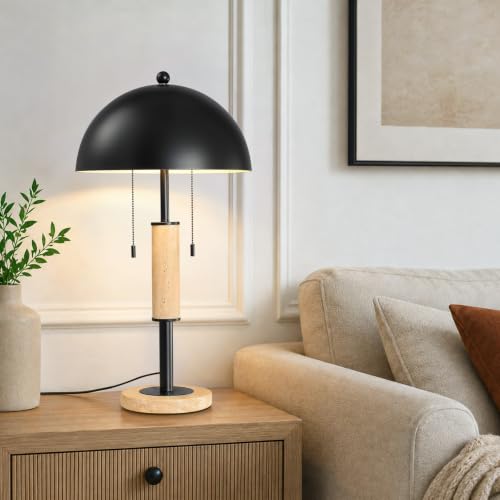 Black Bedside Table Lamp Set 2 Mid Century Modern Tavertine Nightstand Lamp