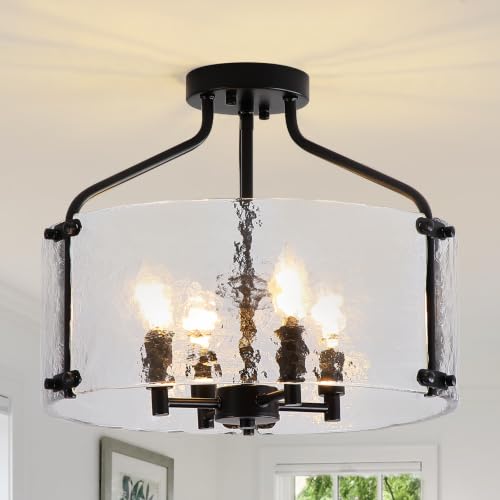 Glass Drum Black Semi Flush Mount Ceiling Light 16'' Modern Light Fixture