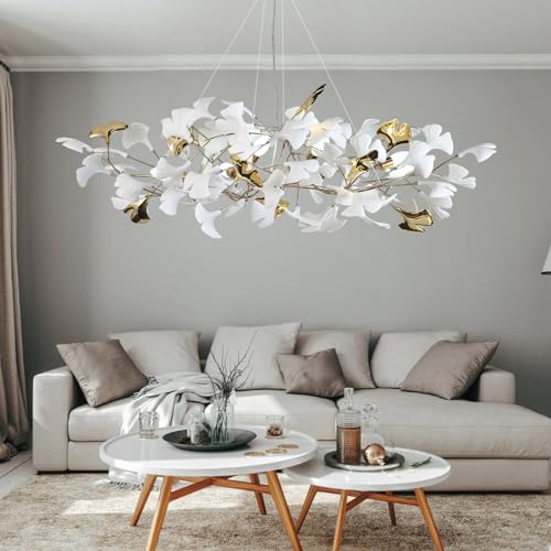Branch Chandelier Modern Gold Ceramic Ginkgo Leaf Chandeliers L47 Inch Brass Rectangle Chandelier Large Luxury Hanging Lights Fixture for Living Room Dining Room