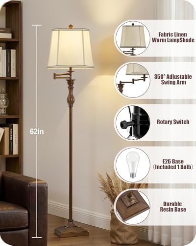62" Floor Lamp for Living Room with 350°Adjustable Swing Arm (Brown)