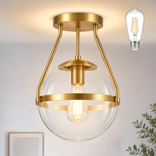10" Semi Flush Mount Ceiling Light with Clear Glass Shade Mid Century Ceiling Light Modern Gold Globe Semi Flush Mount Ceiling Light Fixture for Bedroom Hallway Bathroom Foyer