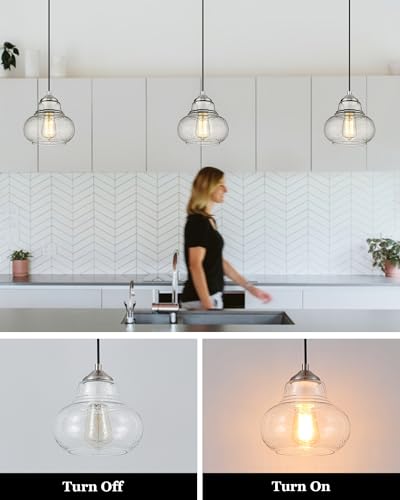 8 Inch Bubble Glass Pendant Light Industrial Kitchen Island Globe Hanging Pendant Light Fxiture Modern Hand Blown Seeded Glass for Farmhouse Dining Room Bar Bedroom Living Room Brushed Nickel