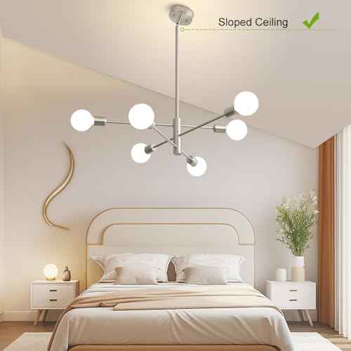 Chandeliers for Dining Room Brushed Nickel 6Light Modern Kitchen Chandelier | Sputnik Ceiling Light Fixture, UL Certified, E26 Base 60W Max, Height Adjustable, Dimmable Mid Century Style for Living Room
