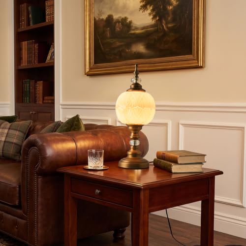 Vintage White Table Lamp Fixture with E26 Bulb Glass Lampshade Desk Lamp with Plug Switch for Bedroom Living Room Dressing Room