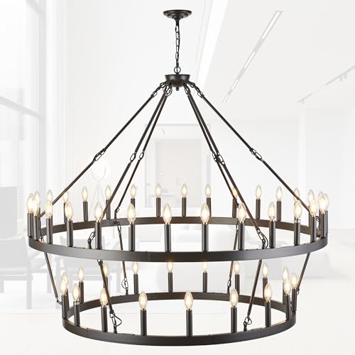 Rustic Farmhouse Wagon Wheel Chandelier Oil Rubbed Bronze Large Chandeliers for High Ceilings 2 Tier 48 Lights 55 Inch for Dining Room Living Room Foyer Porch Kitchen Island